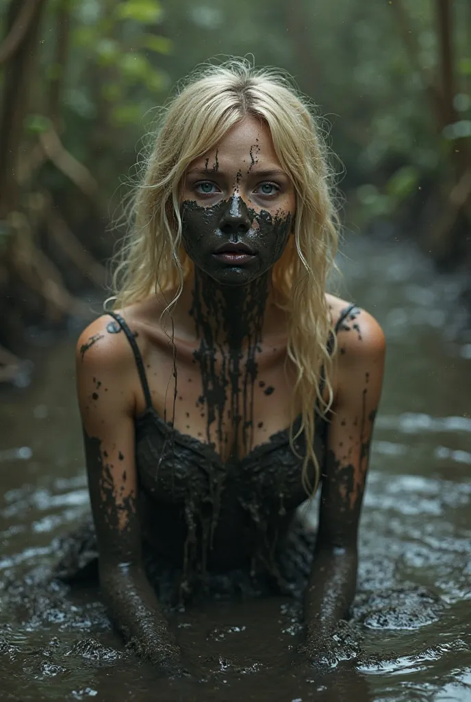 Young beautiful 18 years old Blond girl in skirt fell into black sticky swamp, her face is all covered with mud, her hair is dirty and covered in mud, her dress is messed with mud, she is scared