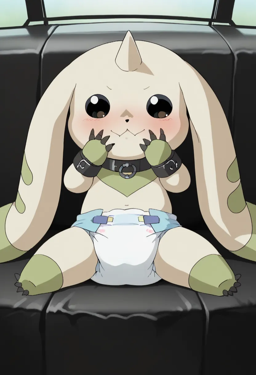 ((Terriermon from digimon)), cute , chibi, small, small limbs,  wearing disposable diaper, leather wrist, cuffs, leather ankle cuffs, padded leather mittens, prisoner collar, sit on baby car seat, tied to baby car seat , in laboratory, full body view, draw...