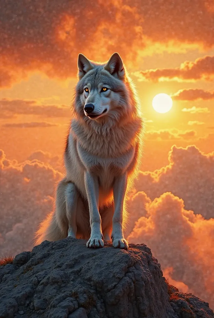 A majestic, silver-furred wolf stands proudly on the peak of a towering mountain, its fur shimmering under the golden rays of the setting sun. The sky is ablaze with warm hues of orange and crimson, casting a dramatic glow around the wolf. Clouds swirl bel...