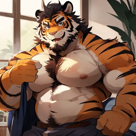 tiger, furry, orange fur, handsome, very muscular, very big, extremely hot and sexy, beard, hair, chest hair, charming eyes, solo, male, happy expression, daddy, full body, big body, clothes, middle aged, by hyaku, by darkgem, by glitter trap boy