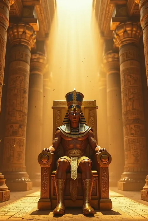 A majestic Egyptian pharaoh sits on a golden throne inside an ancient temple, illuminated by a beam of heavenly light streaming down from the ceiling, He wears a royal crown with gold and blue stripes, and his body is adorned with richly detailed golden ar...