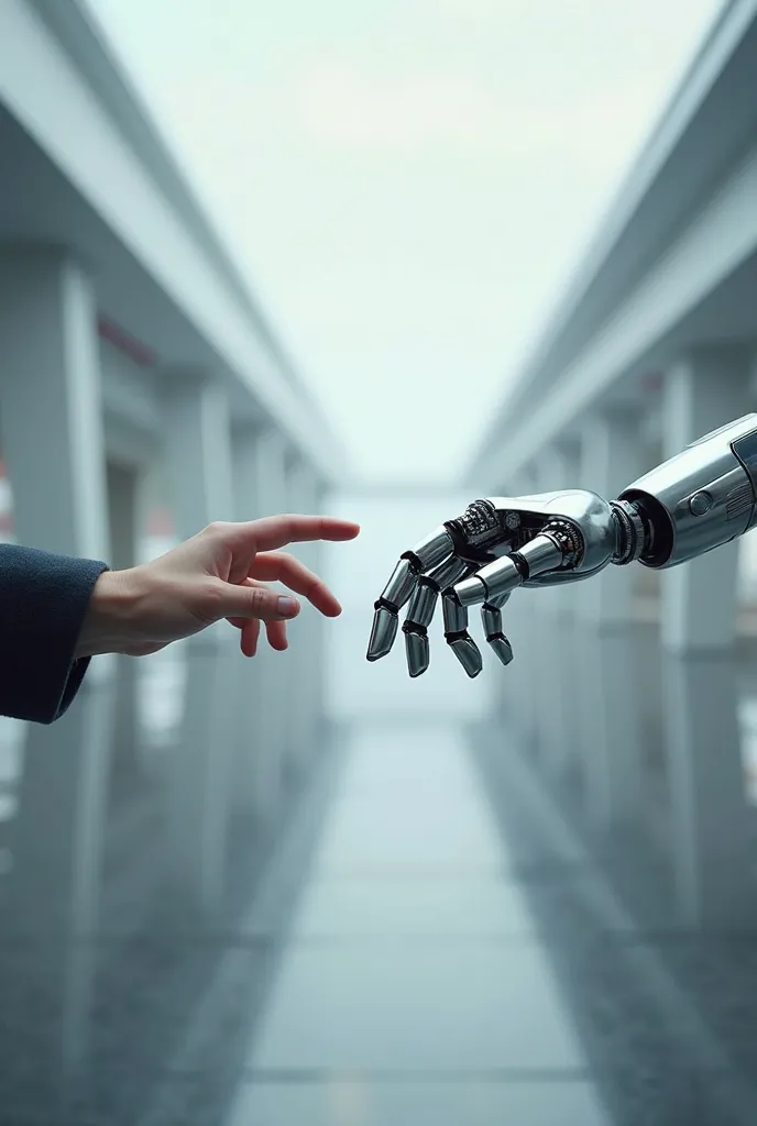 Smartphones, self-driving cars, with a robot hand extending into a human hand