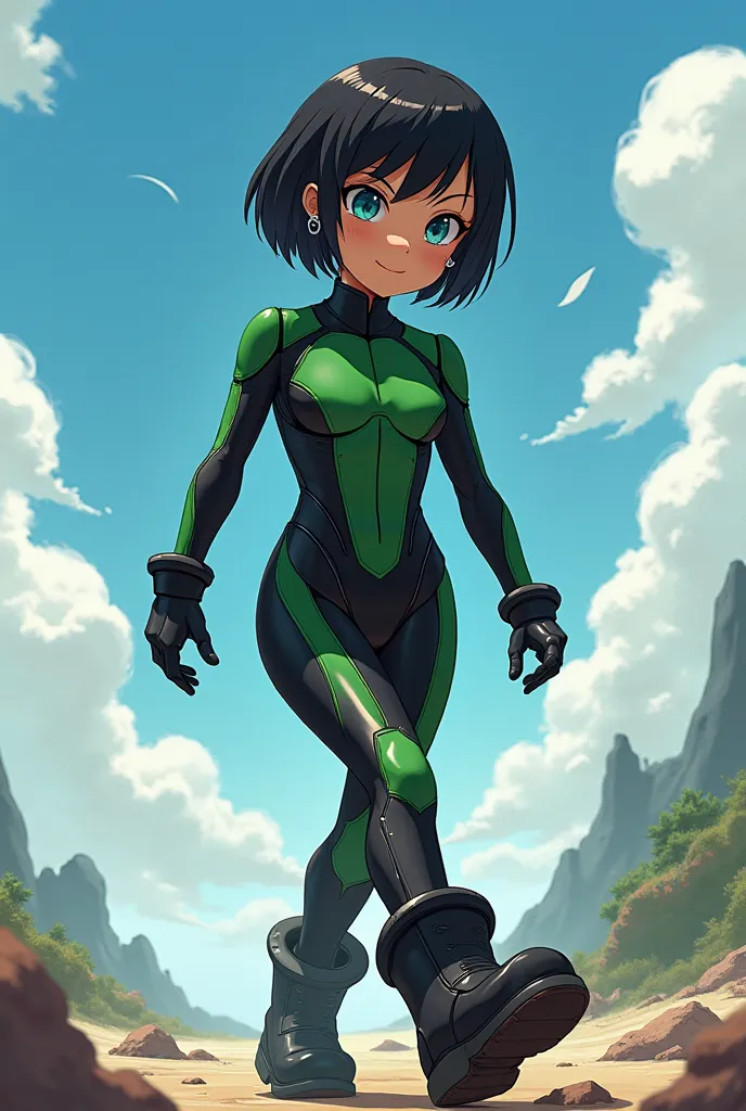 An alien girl, short black hair, tan skin, blue ophos, black and green uniform, Black boots and gloves, silver earrings, clumsy and awkward, anime style, 