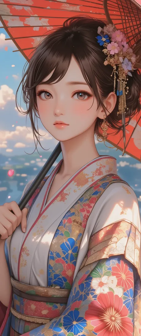 Woman holding a Japanese umbrella , Nishijin Textile Kimono , Japanese painting style, beautiful anime style portrait, Extra , detailed portraits of anime girls , Beautiful Anime Portrait , beautiful anime women , digital Animation illustration, Anim...