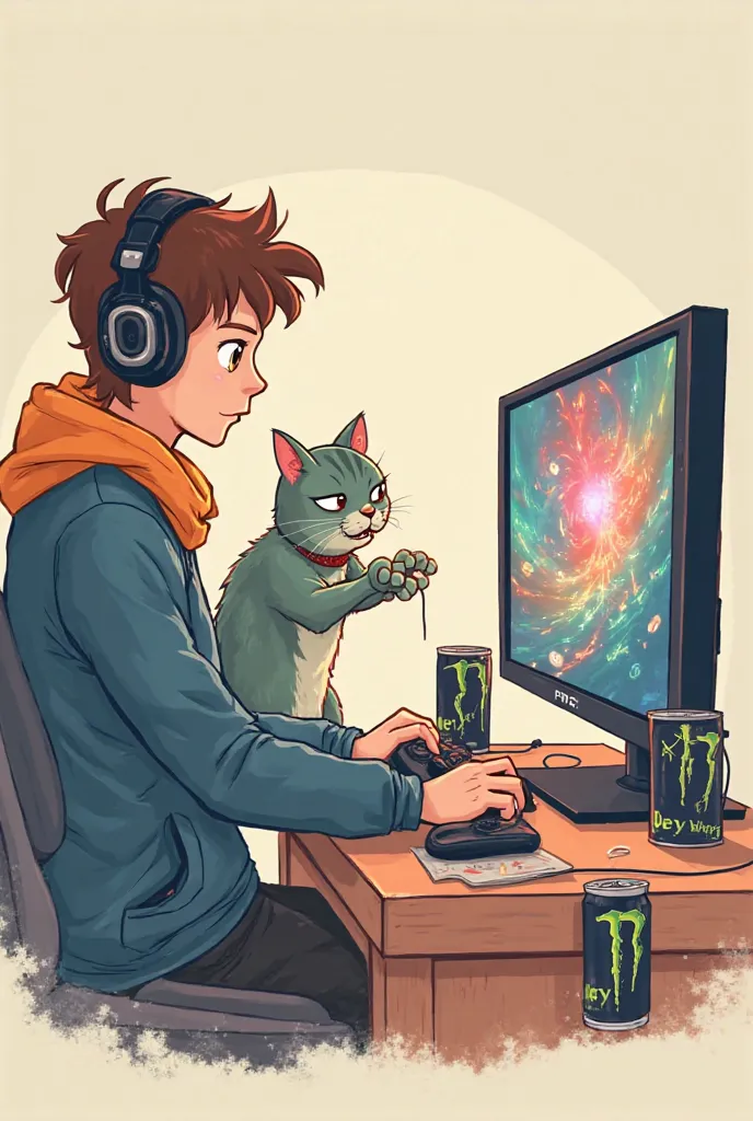 A cat playing a game、I'm wearing headphones and holding on to the game's controller。There is also a monitor、There are energy drinks rolling around on the floor。Simple cartoon-style illustrations。