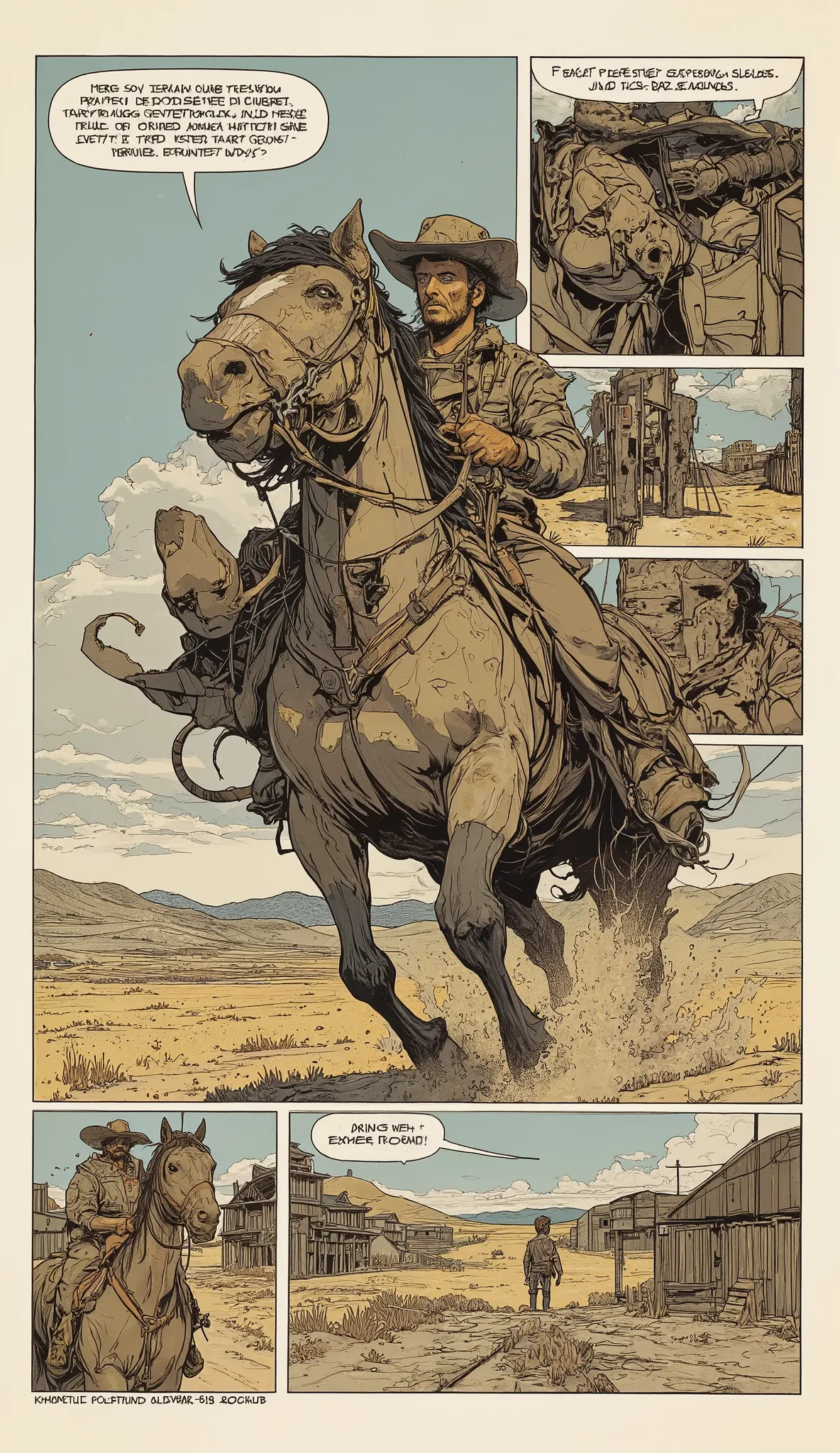  comic panel 。comic strip depicting a comic strip of a man riding a horse, Jean Giraud, Tumbler, Underground Comics , inspired western cartoons  , western cartoons  , western cartoons  style, western cartoons  book style, Jean Giraudスタイル, am a jean giraud ...