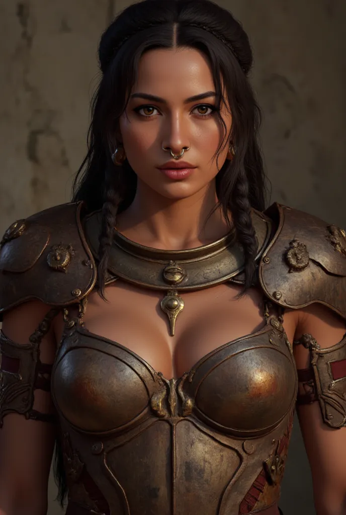 Portrait of a sexy Arabian female knight.  braided hair. Oriental nose. ((tanned skin)). Eastern knight heavy armor. small firm breasts. tresses. ((Anneau piercing dans le nez))