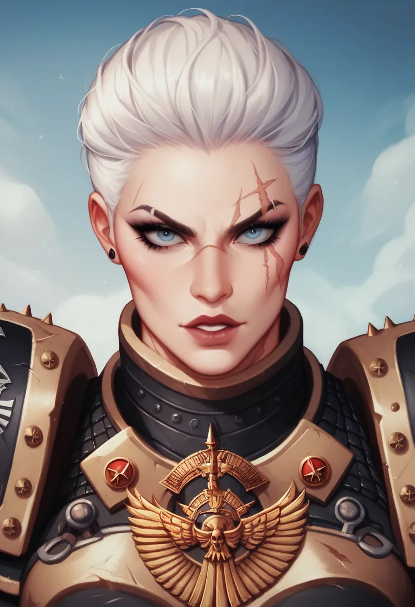 Warhammer 40k Sisters of battle, white bob hair, scars on face fierce battle, black heavy battle armor, intricate details. Badass