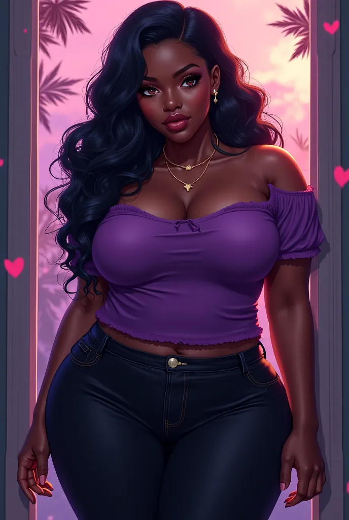 Beautiful Ebony girl, 26 years old, thick, , from the thighs up, sexy , purple baggy top, black pants. Anime themed