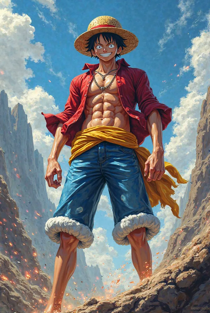 A picture of Luffy in the fifth gear laughing and proud to have the strongest Haki Malaki and super power