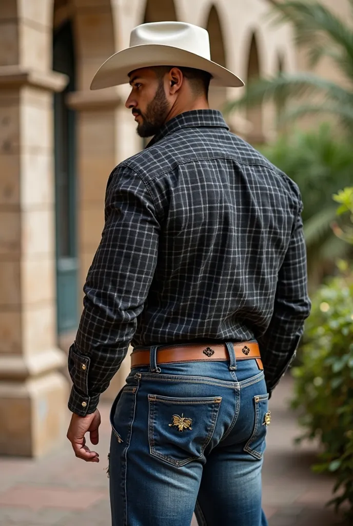  realistic photography , 35 year old muscular bulky (((Athletic man))) , , seen from below,  in the profile , , Oxford black checkered shirt with metallic gold applications super fashion, very tight navy blue ripped jeans, fashion belt,  in the profile , b...