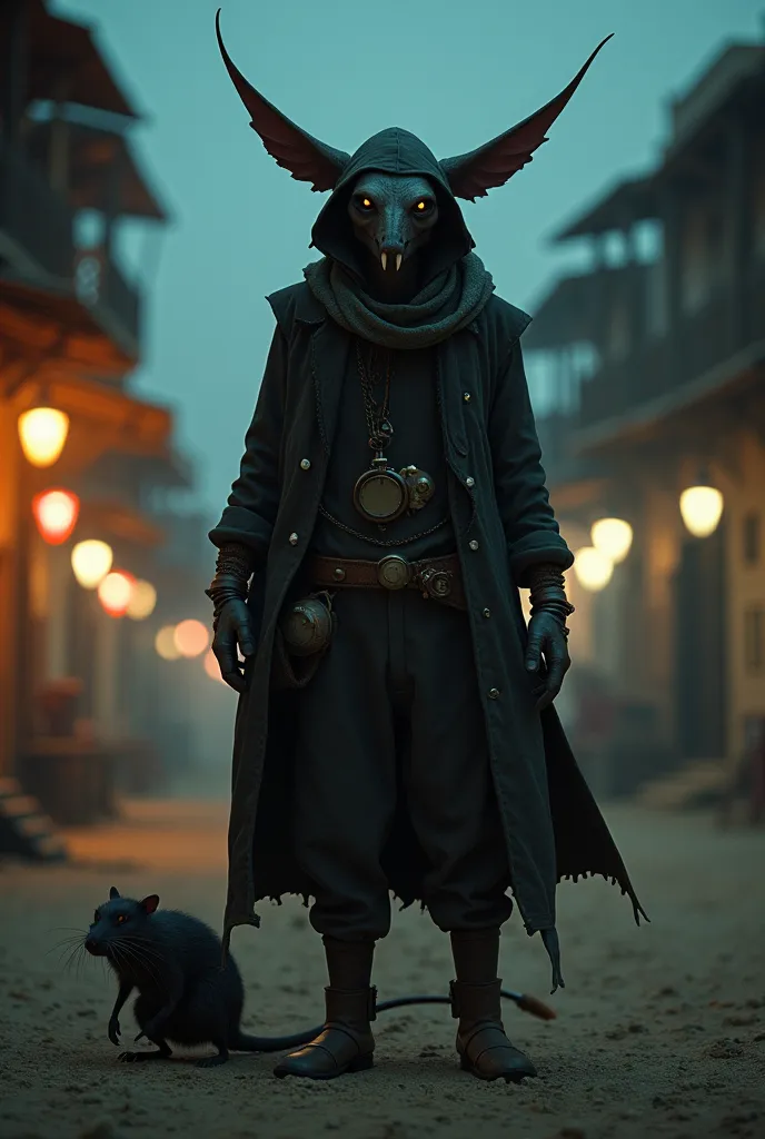 The image of a Western SteamPunk Characters , night setting in a desert city, man with long ears and a big nose, large teeth,,Humble farmer clothes 20,Fragile and humble posture, Thief-like appearance ,Fragile and elusive posture, malicious figure. Spy rat...