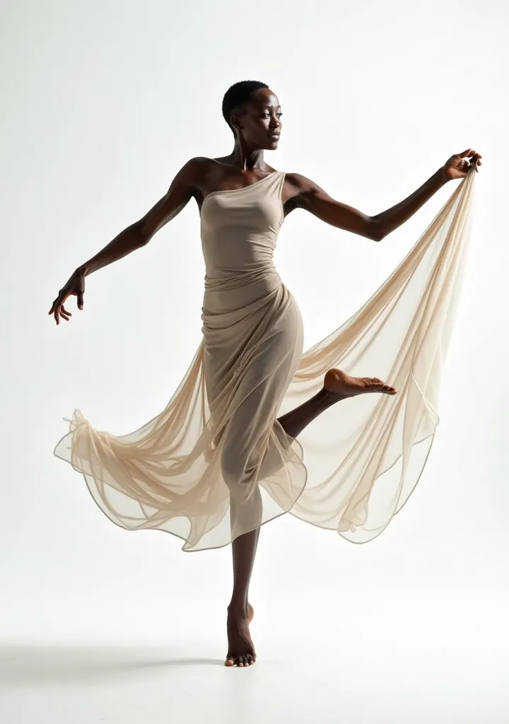 African woman, multiple views, head-to-toe, white background, dancing, barefoot. , clothed in tight simple thin mesh fabric,, short hair, jumping, spinning, plain background, no background 