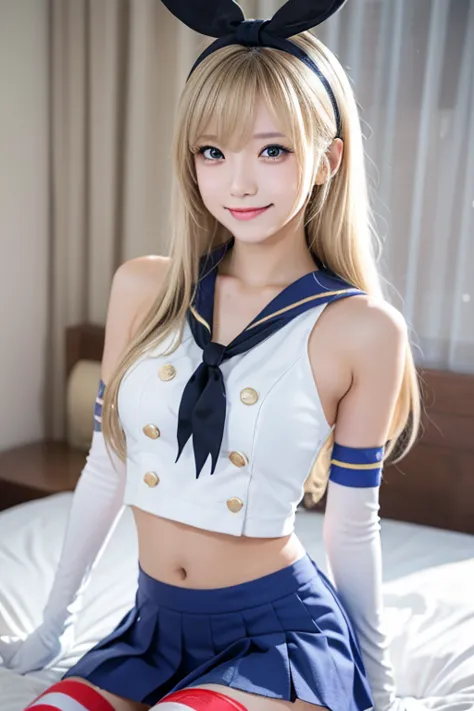 (top quality,masterpiece:1.3,super high resolution),(very detailed、caustics) ,(photoreal:1.4, RAW shooting),super realistic capture、very detailed、masterpiece、(SkanColle , grey eyes,  hairband , blonde hair,  serafuku, Neckerchief, crop top, gloves, elbow g...