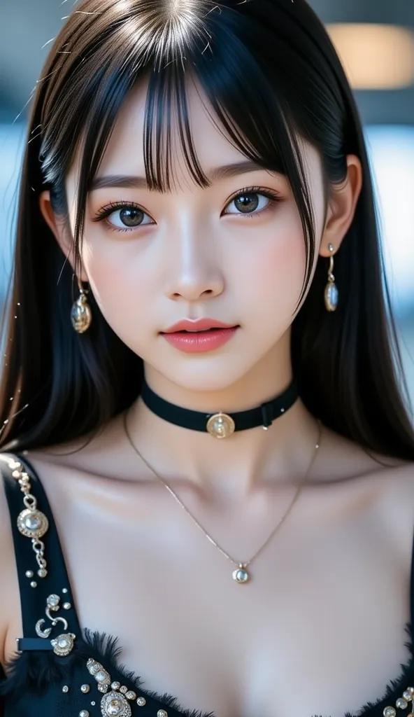 real image like the photo、８ｋ、airport、background、The outfit is CA 、Open a little、 Suspended Eyes、women with innocent expressions that leave the vibe of a girl、 black hair、straight hair、blue eyeshadow、Cheek、lipstick、mascara、eyebrow、Full Body Accessories、