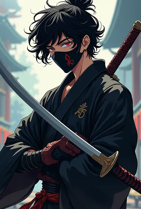 Young man with curly black hair samurai costume color black anime anime style lenses with sword mask