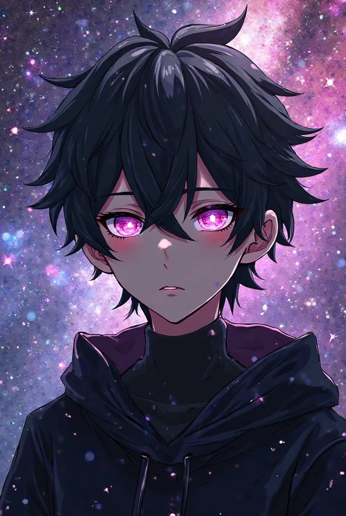 Anime boy with black and white hair and eyes shining like space And he is 30 years old And the color of the sample is black purple and white 