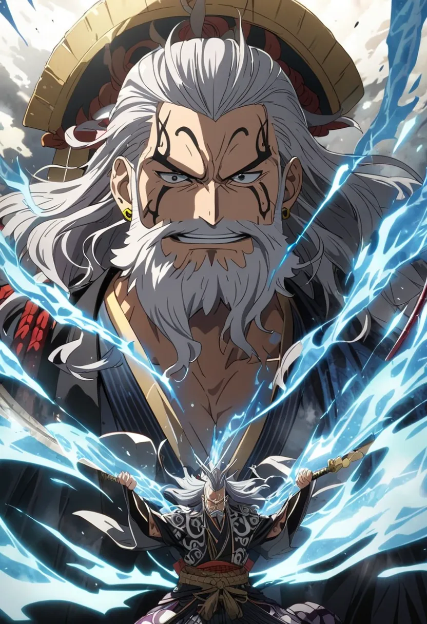 masterpiece, best quality, ultra-detailed, best illustration, solo, elder man, elder sage, samurai, 1boy, male focus, kin'emon, one piece traits, gray hair, samurai bun, beard, klingon, klingon beard, facial hair, earrings, stubble, solo, weapon, japanese ...