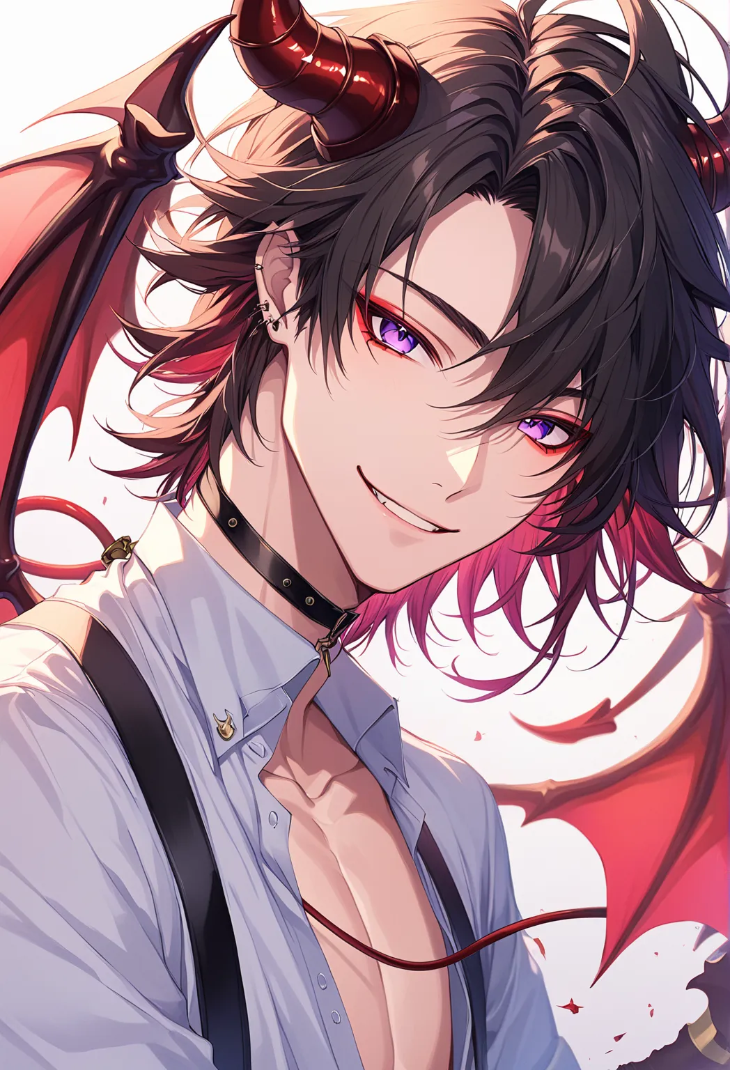 （ very detailed CG:1.5）、（Crisp image quality:1.5）、  Beautiful man  、1 person、（ detailed facial depiction  :1.3）、devil、flirty smile、with a sense of dynamism