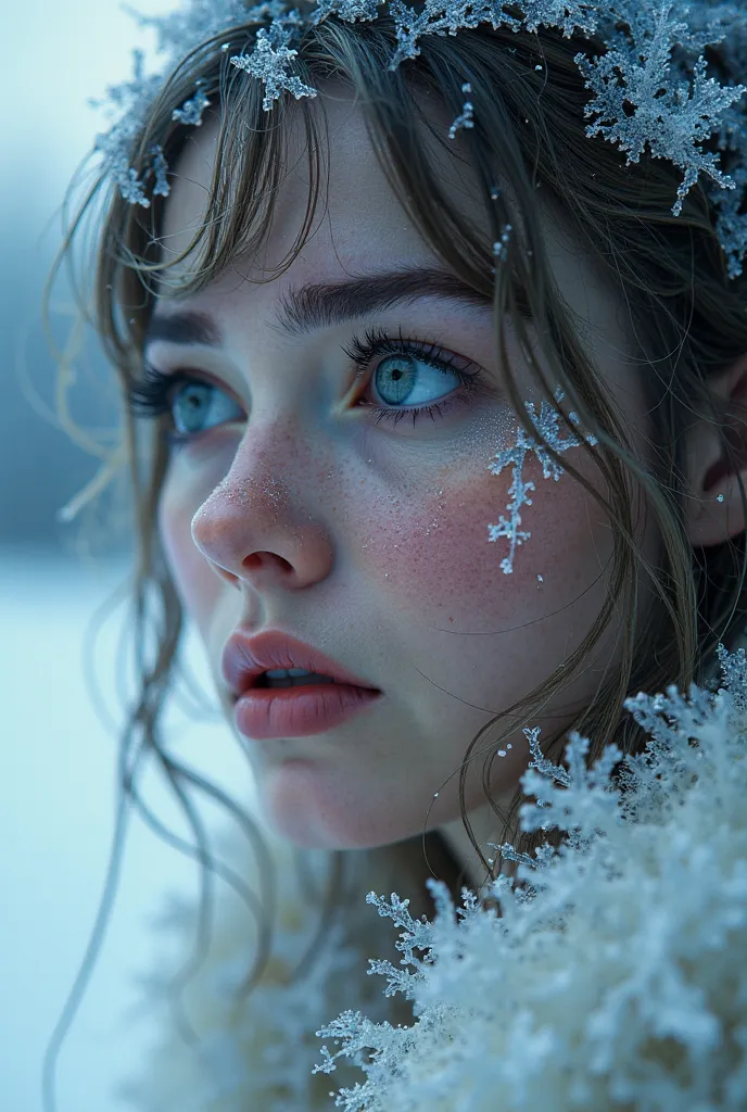  american woman, completely frozen from being exposed to extreme cold for a long time, as if she were paralyzed with horror, with frozen eyelashes and hair and looking at vitreous and ice pins forming on her face
