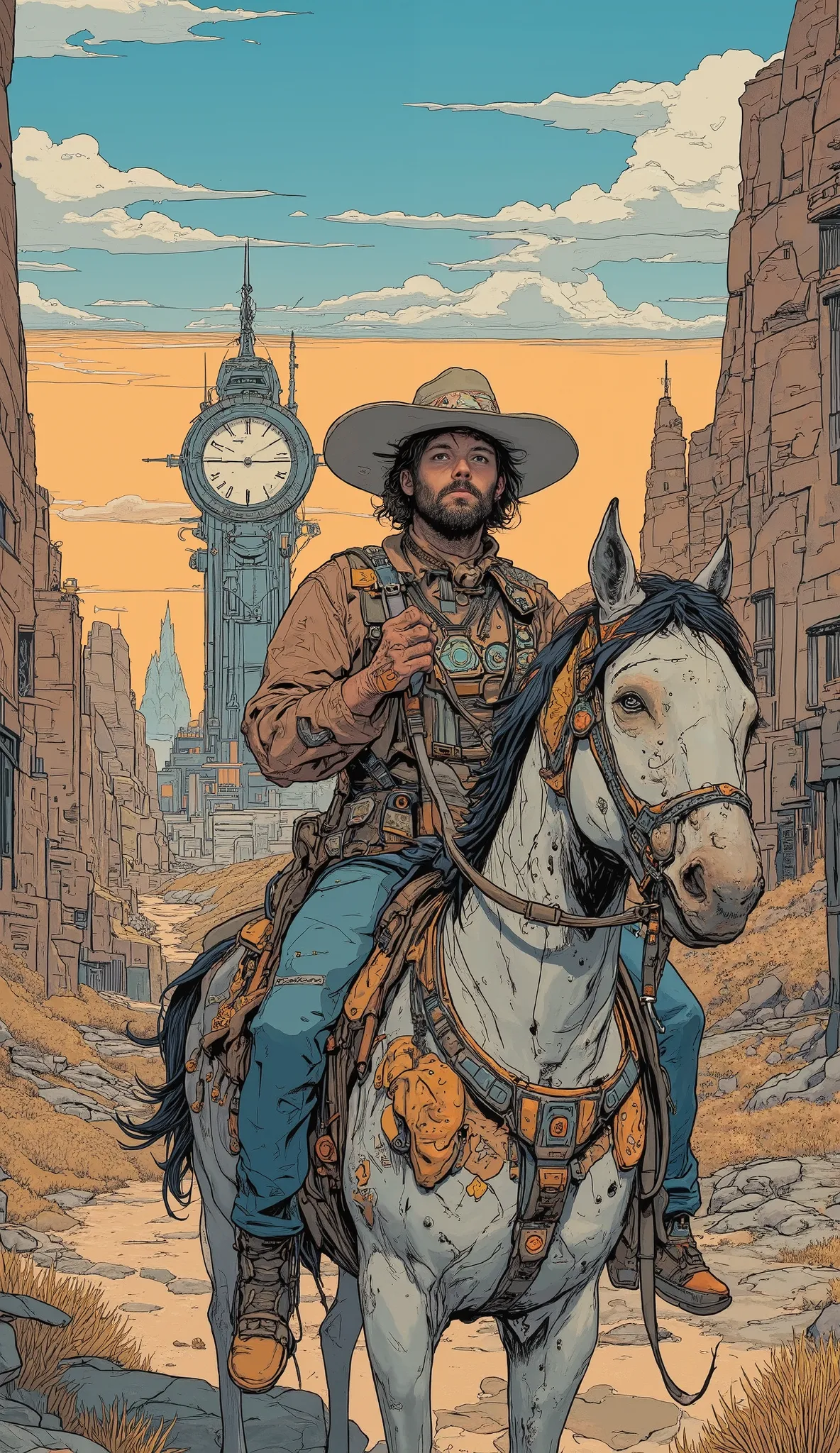 comic cartoon depicting a man on a horse, inspired Western cartoon , Western cartoon , Western cartoon  style, Western cartoon  book style, inspired by the work of Jean Giraud,  Jean Giraud style , am a jean giraud  ,  colored comic , Jean Giraud 8k,  comi...