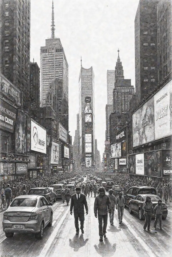 Draw Time Square in black and white in pencil 