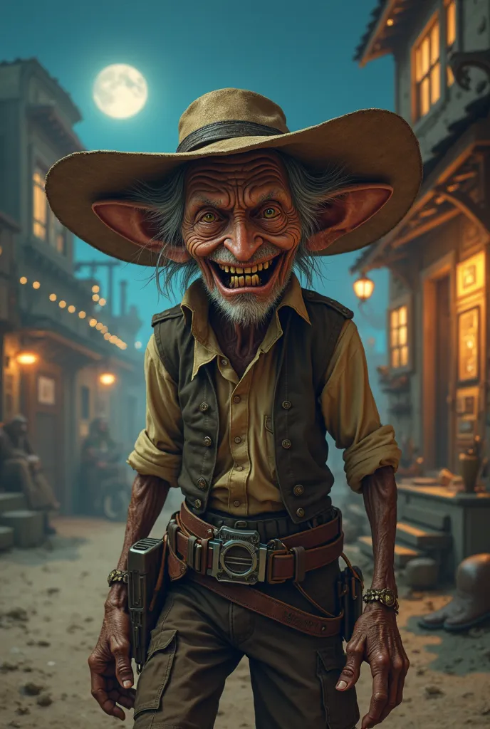 The image of a Western SteamPunk Characters , night setting in a desert city, big-eyed old man, with long ears and a big nose, large teeth,,Humble farmer clothes 20,Fragile and humble posture, Thief-like appearance ,Fragile and elusive posture, malicious f...