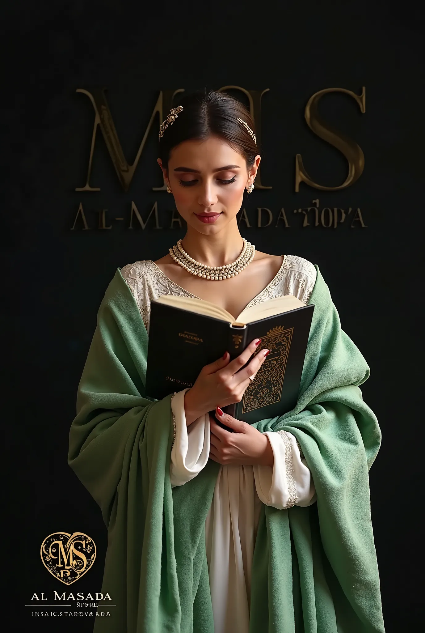 The logo "MS" is a sophisticated folkloric font in gold shaded with black, prominent and embossed on a black velvet background with the name "Al-Masada Store". The logo is surrounded by a necklace of white pearls and in her hand she is holding a book engra...