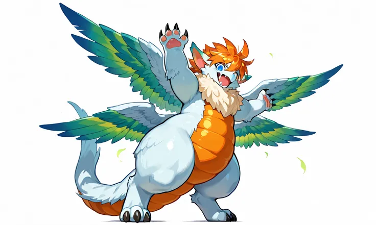 giant feral flammie_mana, solo, furred dragon, neck fur, orange hair, blue eye, orange underbelly, feathered Wings, color tipped wings, four wings, heavy weight giant bulky, thick thighs, thick arms, large legs, large claws, long tail, fierce expression, e...