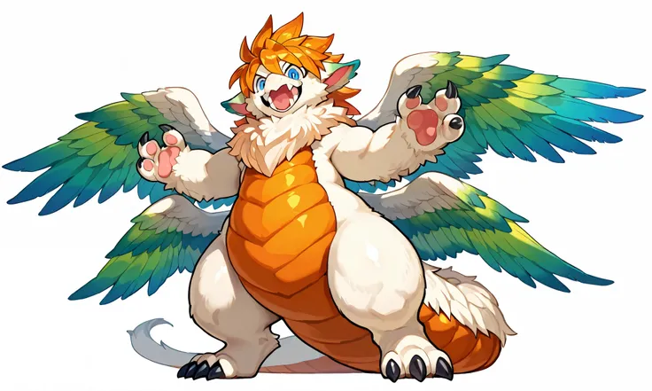 giant feral flammie_mana, solo, furred dragon, neck fur, orange hair, blue eye, orange underbelly, feathered Wings, color tipped wings, four wings, heavy weight giant bulky, thick thighs, thick arms, large legs, large claws, long tail, fierce expression, e...