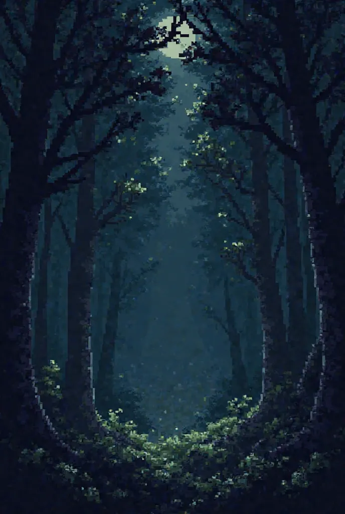 Pixel art, Pixel.  a forest, dense to dark forest, night, background, wallpaper