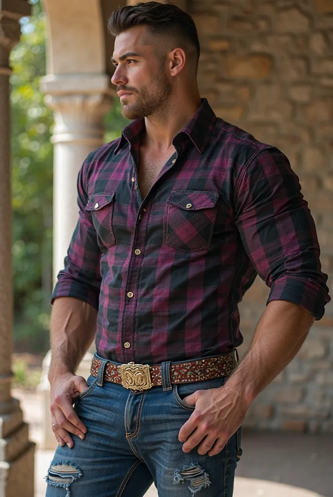  realistic photography , 35 year old muscular bulky (((Athletic man))) , , seen from below,  in the profile , , Oxford black and purple checkered shirt with metallic gold applications super fashion, very tight navy blue ripped jeans, fashion belt,  in the ...