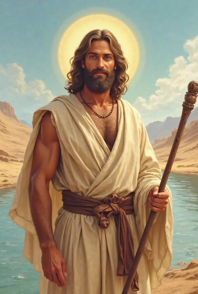 
"Create an image of Saint John the Baptist with an angelic face and Lifted, big, expressive eyes, filled with determination and devotion. He is smiling softly, conveying a message of preparation and conversion. Wear a simple tunic made of camel hair,  wit...