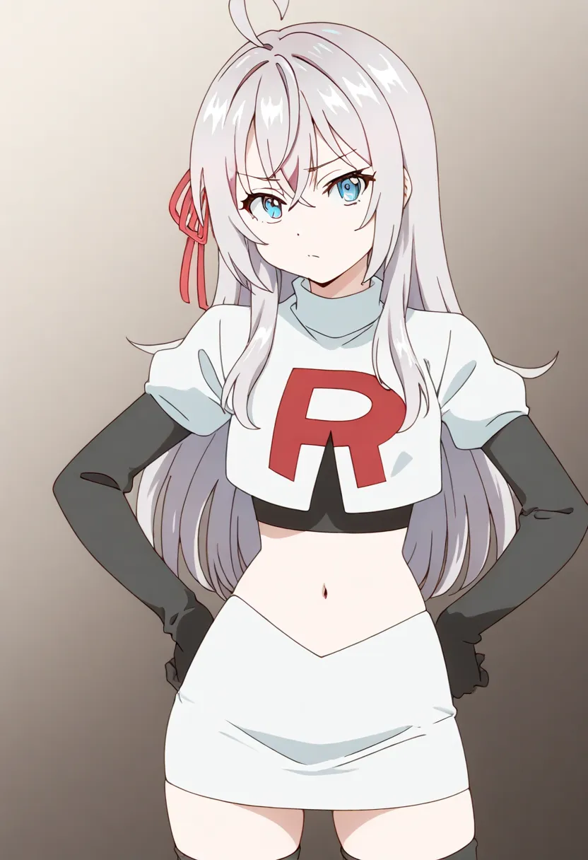 masterpiece, best quality, amazing quality,
1girl, solo, looking at viewer, gradient background, 
long hair, silver hair, ahoge, crossed bangs, red hair ribbon, sidelocks, blue eyes,
team rocket,team rocket uniform,white skirt,red letter R,crop top,black t...