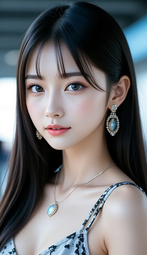 real image like the photo、８ｋ、airport、background、The outfit is CA 、Open a little、 Suspended Eyes、women with innocent expressions that leave the vibe of a girl、 black hair、straight hair、blue eyeshadow、Cheek、lipstick、mascara、eyebrow、Full Body Accessories、