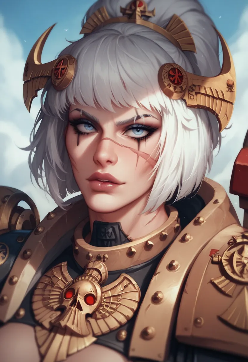 Warhammer 40k Sisters of battle, white bob hair, scars on face fierce battle, black heavy battle armor, intricate details. Badass, fully body.