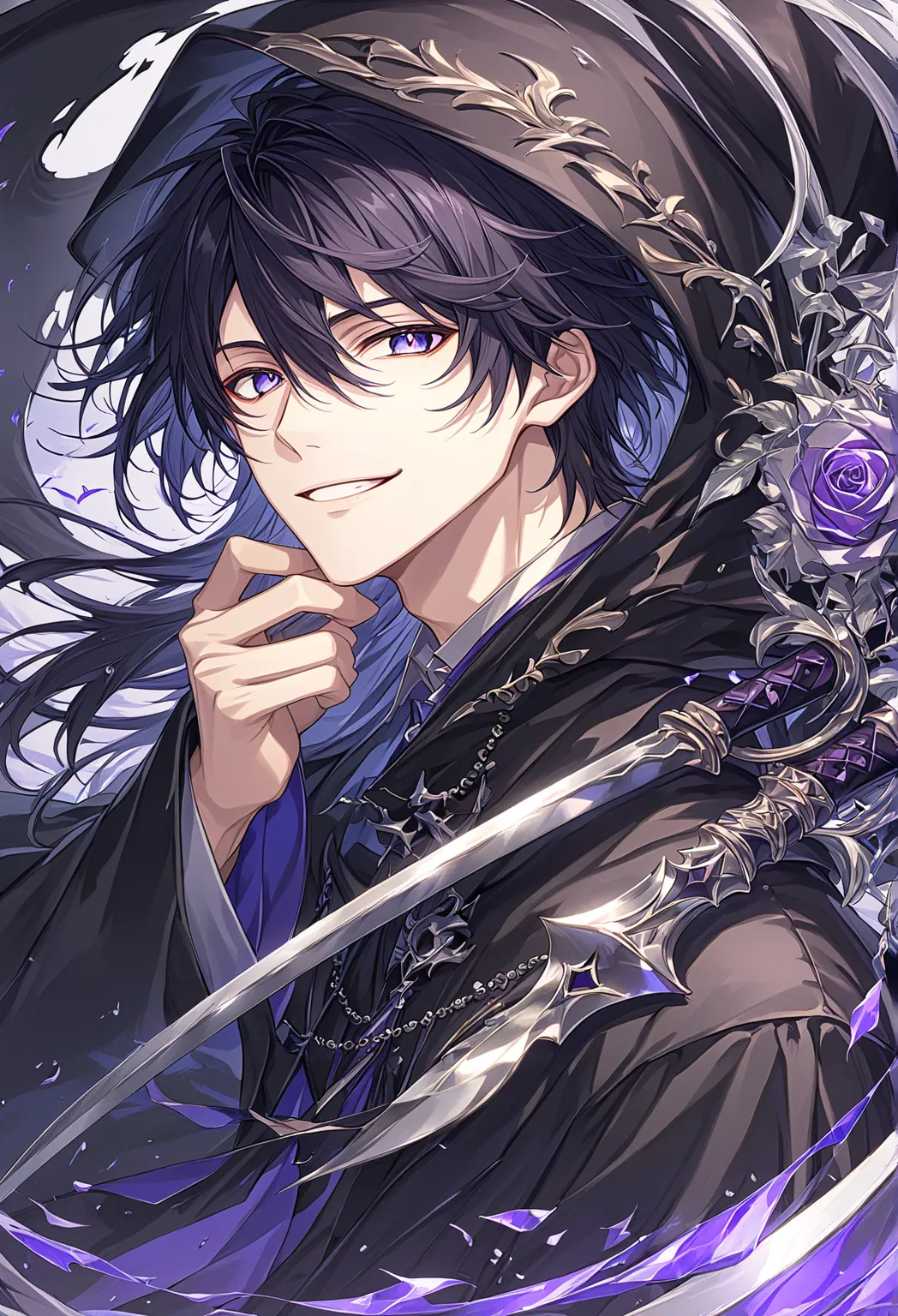 （ very detailed CG:1.5）、（Crisp image quality:1.5）、  Beautiful man  、1 person、（ detailed facial depiction  :1.3）、grim Reaper、enchanting smile、with a sense of dynamism