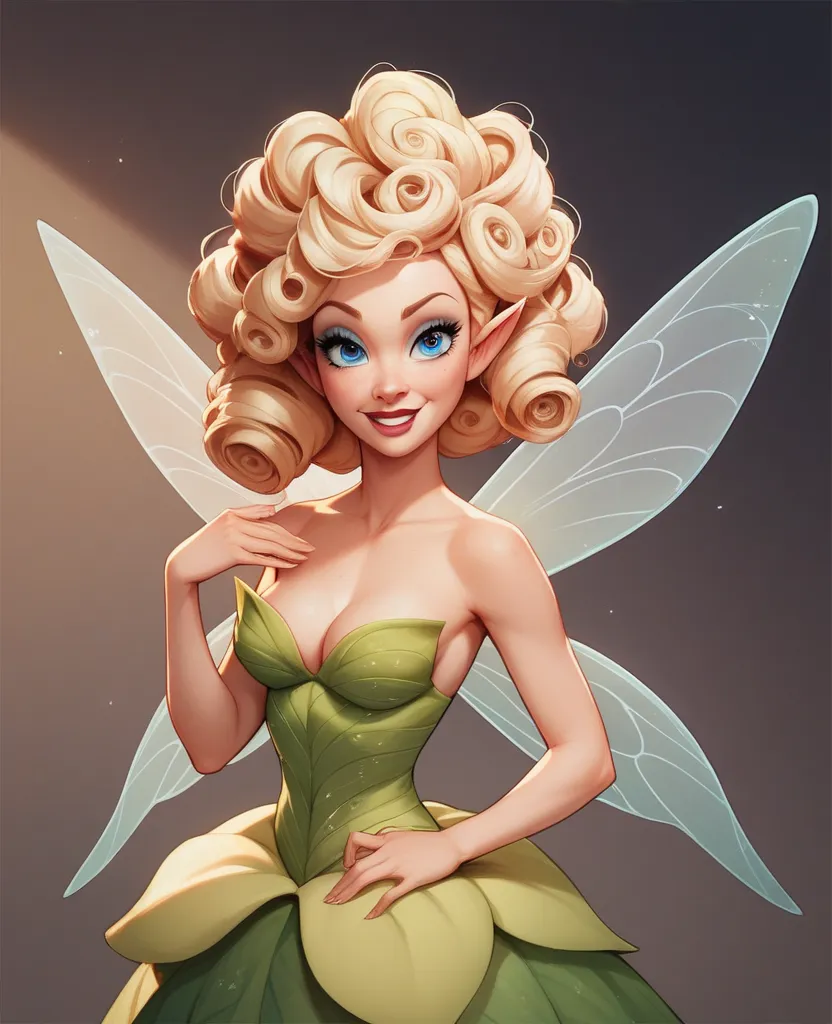 Woman very sexy, curly blond hair and blue eyes, in Disney fairies style