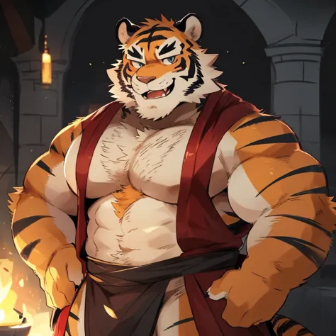 tiger, furry, orange fur, handsome, very muscular, very big, extremely hot and sexy, beard, hair, chest hair, charming eyes, solo, male, happy expression, daddy, full body, big body, blue medieval clothes, middle aged, by hyaku, by darkgem, by glitter trap...