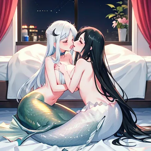 "A captivating and intimate portrayal of love and desire, showcasing 2 mermaid women with very flowing white and black locks and both with white mermaid tails embracing in a passionate and unadorned kiss. they radiate a sense of vulnerability and beauty in...