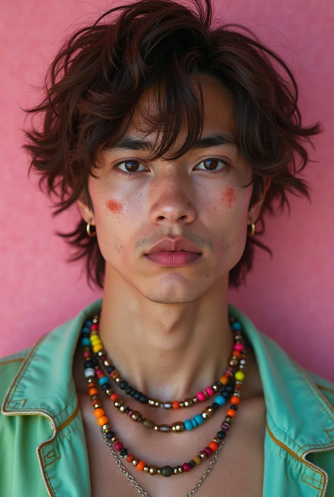 Gay, white boy Filipino, really white skin, has a lot of bead bracelets, wear unique or neon clothes and has brown long shaggy messy hair, ugly, has a lot of pimples