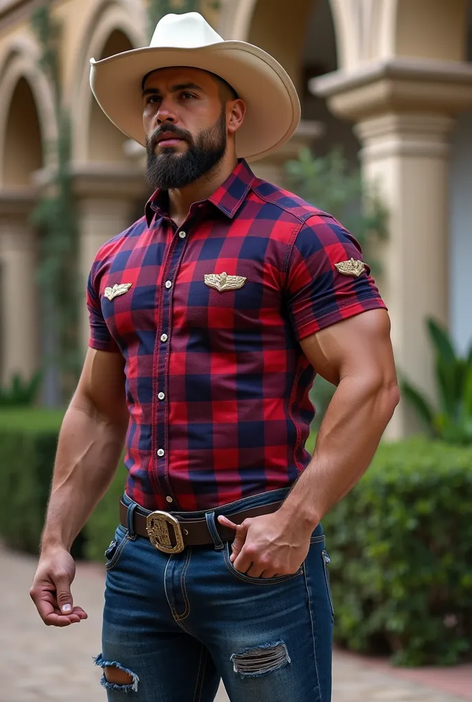  realistic photography , 35 year old muscular bulky (((Athletic man))) , , seen from below,  in the profile , , Oxford red and purple checkered shirt with metallic gold applications super fashion, very tight navy blue ripped jeans, fashion belt,  in the pr...