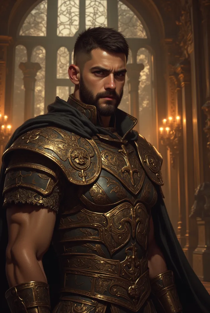 man,with short black hair  , short beard , wearing gladiator armor,  Inside a luxurious castle , brown eyes, imposing expression.