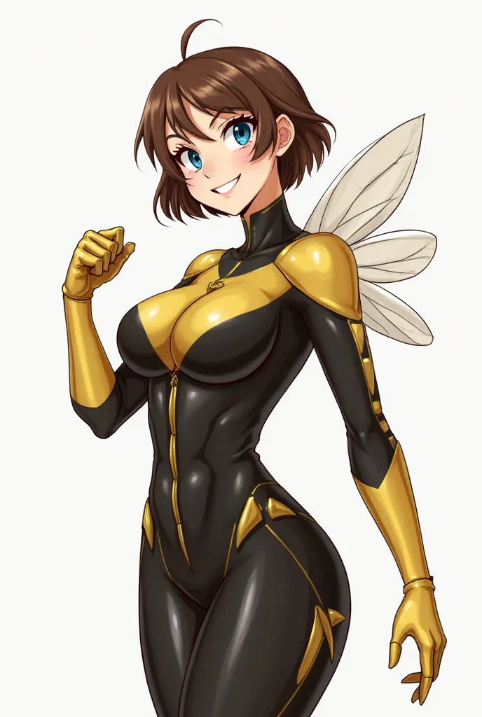 1girl absurdres alula456 animification avengers_(series) blue_eyes breasts brown_hair cleavage gloves highres insect_wings janet_van_dyne large_breasts looking_at_viewer marvel short_hair simple_background smile solo superhero_costume the_avengers:_earth's...