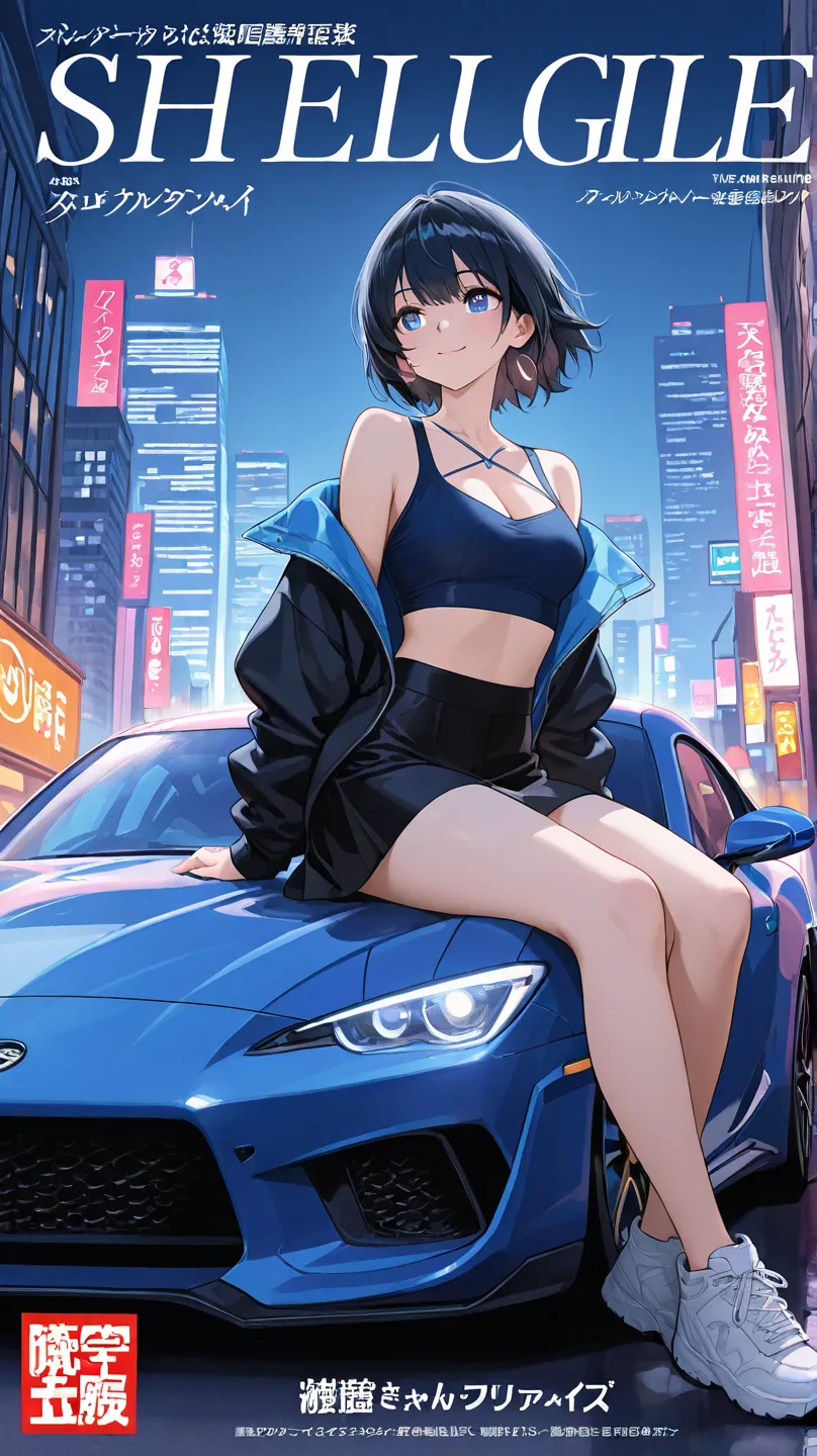 Magazine Cover, Anime style, A beautiful and very sexy girl, sitting on the hood of a sports car. She has black hair, big bright eyes, and she smiles shyly. She is wearing a very sexy blue crop top and jacket with a medium chest shape, and with a cleavage ...