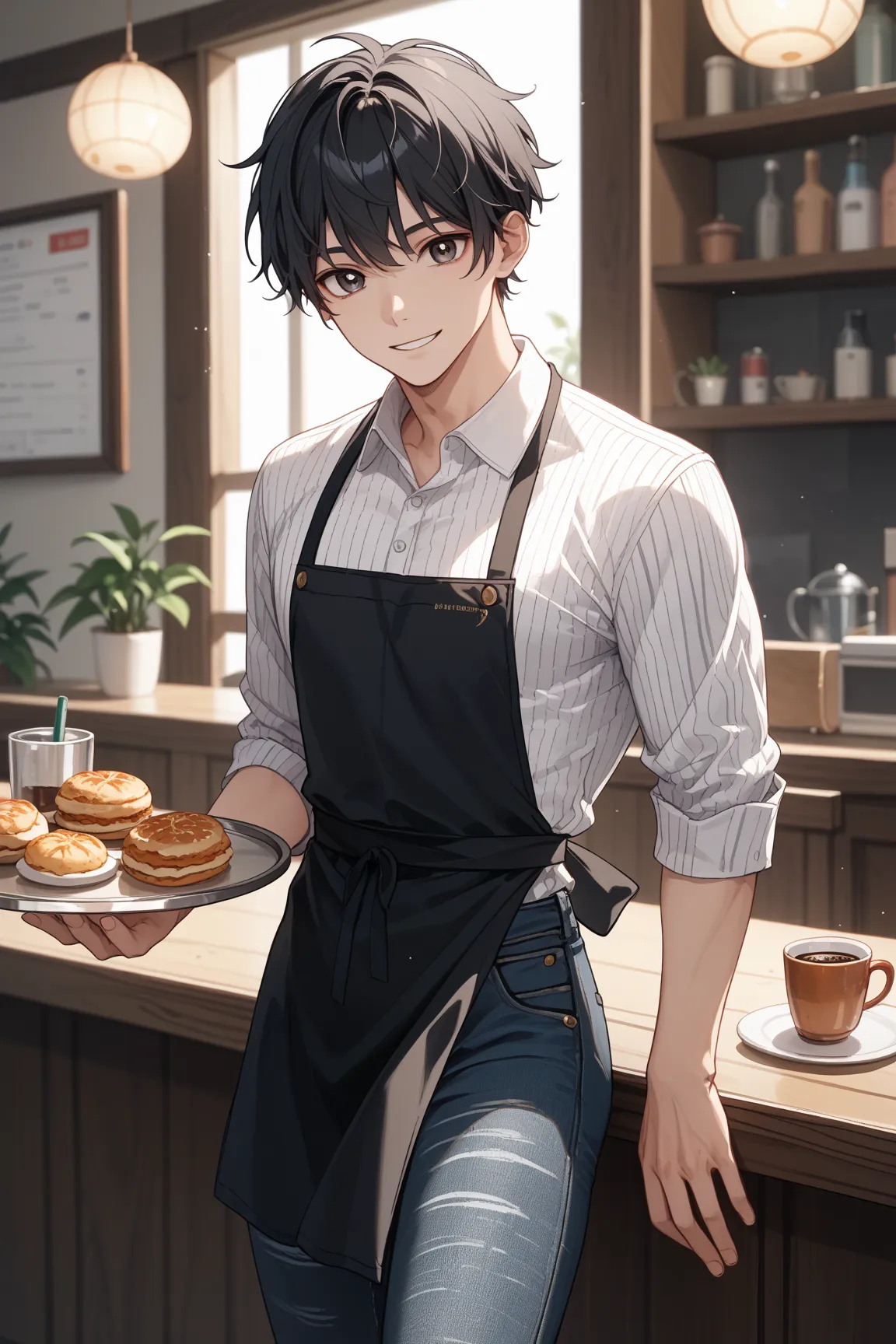 8k,high image quality、high quality、masterpiece、anatomically correct in office、accurate human body、perfect faces、detailed eyes、5 Fingers,
A quiet cafe with a relaxed atmosphere、 Costume、
 young man、handsome、 slim、 muscular、 black hair、centred bangs、Loose pe...