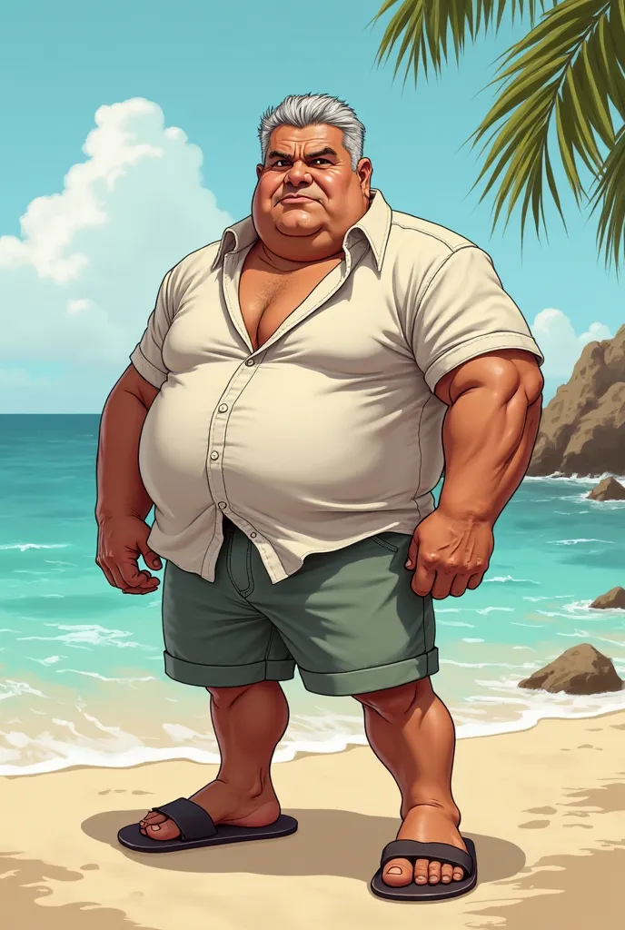 Mature and gray-haired man, stocky, with beachwear and a penetrating look, drawing style Cartoon