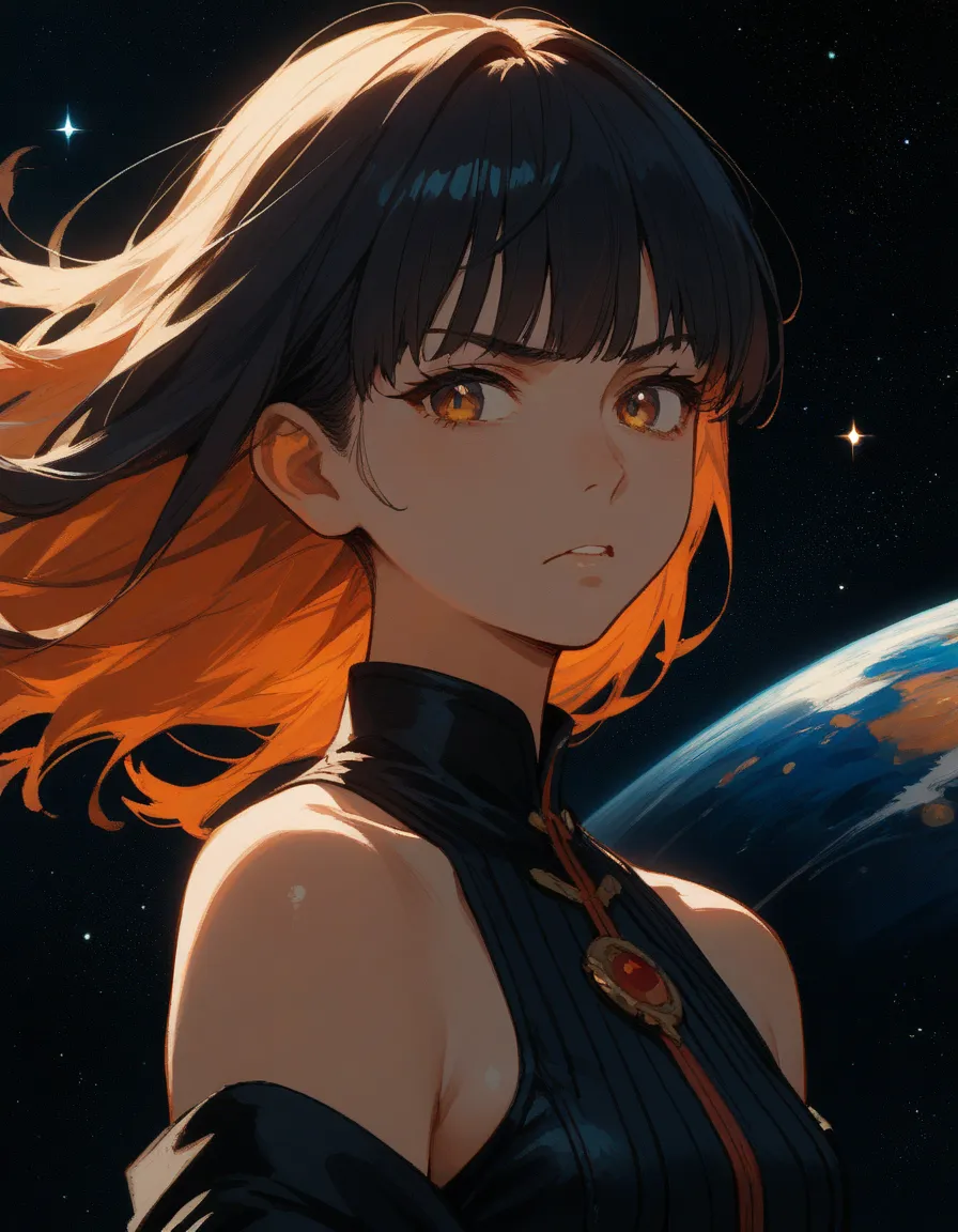 score_9, score_8_up, score_7_up, score_6_up, score_5_up, rating_ are suspicious,  source_anime, 1 girl, portrait,  iridescent hair,  fringe , bare shoulders, upper body, Space