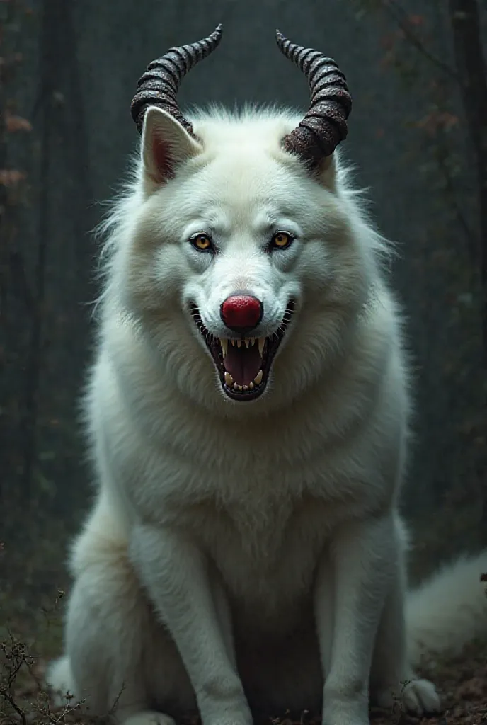 The model is a white dog with a clown nose, a macabre smile and black horns.