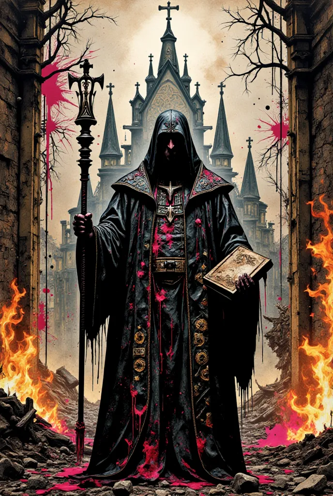 Raising a priest with a blood-stained gown, holding a bleeding stake with one hand, And one bible in the other, Behind a burning church in the middle of a dry forest